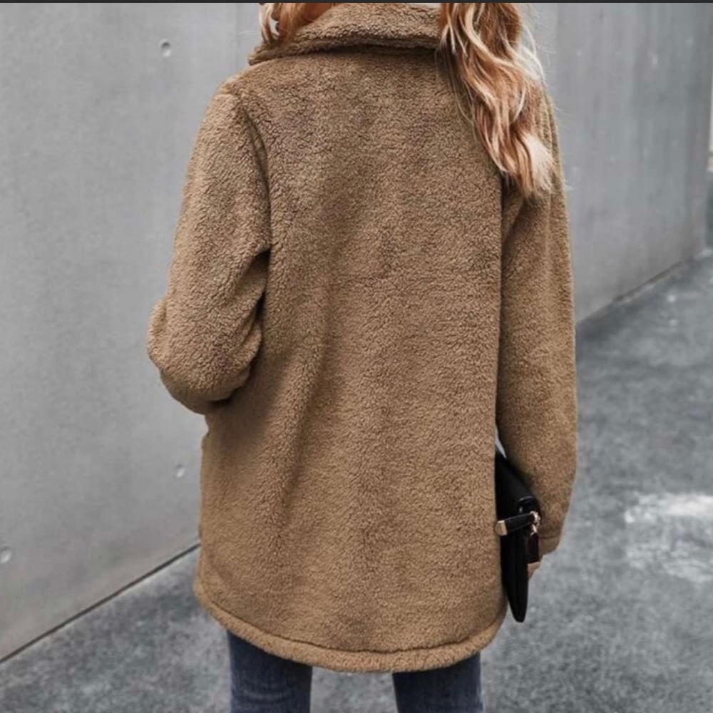 camel tan comfy button pocket teddy jacket coat - Picture 6 of 8
